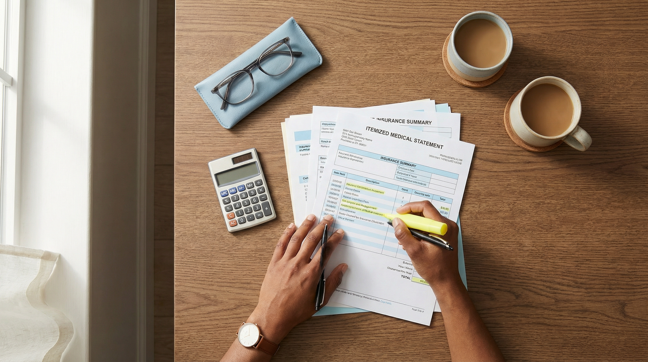 Person reviewing medical bills methodically