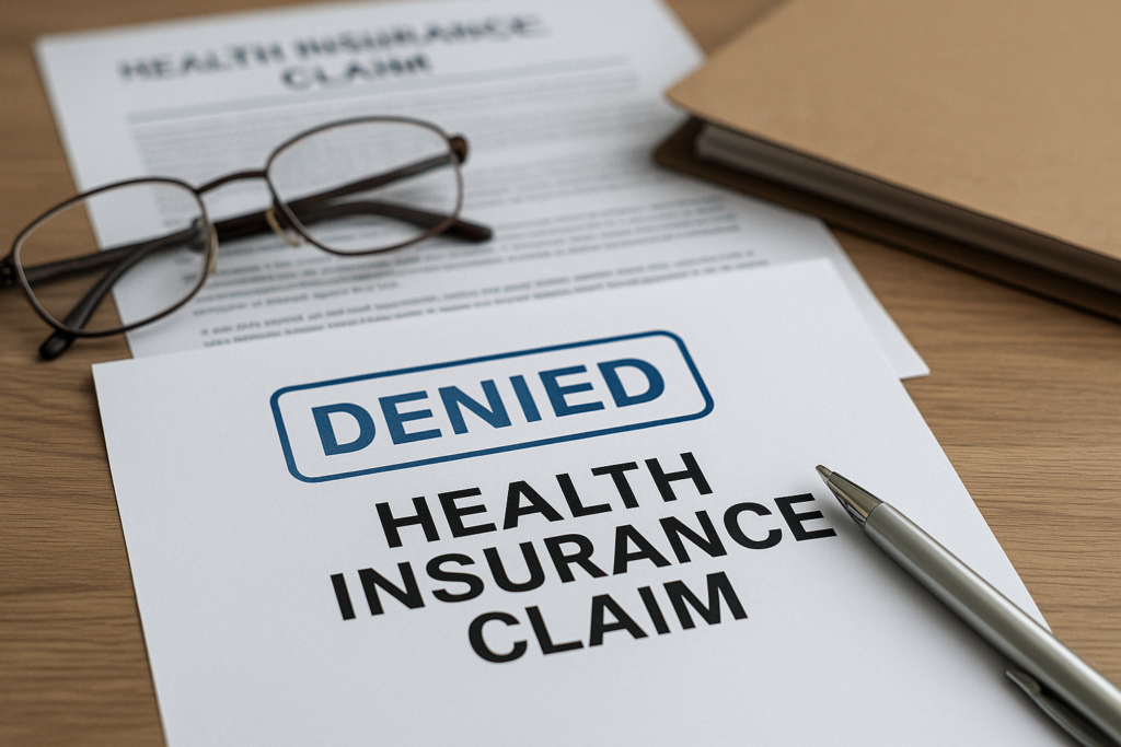Denied health insurance claims paperwork with rejection stamp