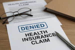 Denied health insurance claims paperwork with rejection stamp