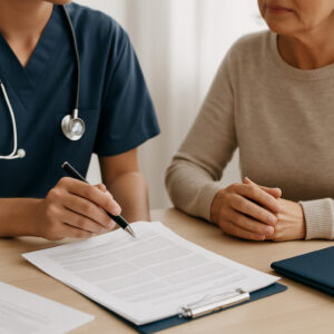 Photo of a healthcare professional assisting a patient with medical questions