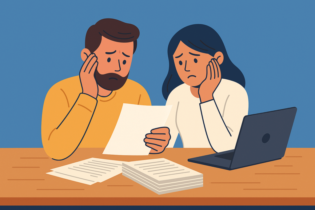 Digital illustration of a person reviewing documents related to a health insurance claim denial, symbolizing the process of appealing denied insurance claims.