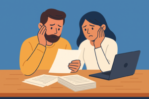 Digital illustration of a person reviewing documents related to a health insurance claim denial, symbolizing the process of appealing denied insurance claims.
