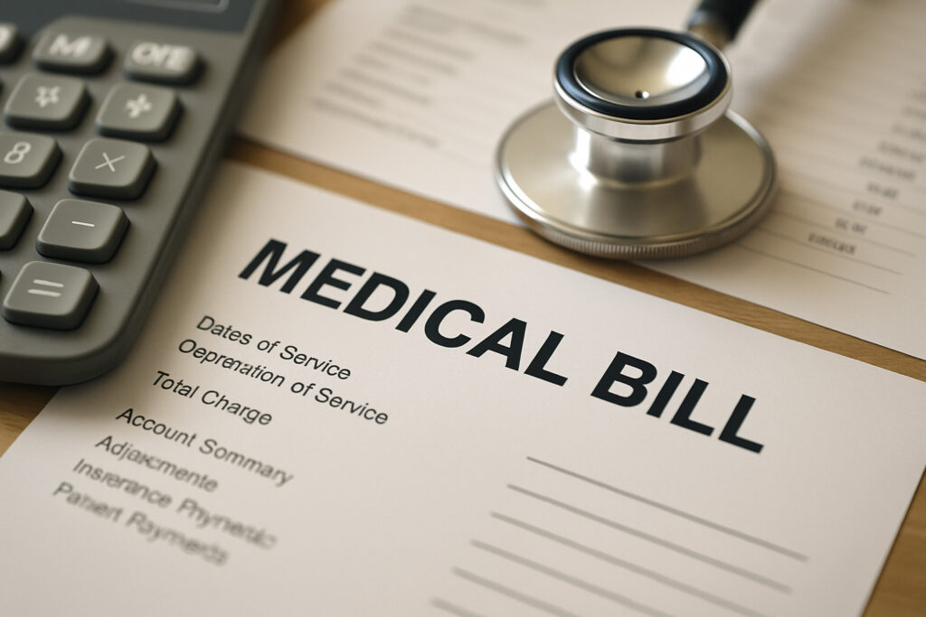 A close-up of medical bills and paperwork on a desk, representing how to read your medical bill