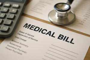 A close-up of medical bills and paperwork on a desk, representing how to read your medical bill