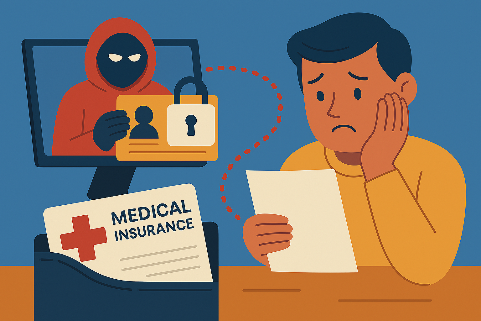Illustration of a concerned elderly man reviewing documents with a healthcare provider, representing medical identity theft risks.